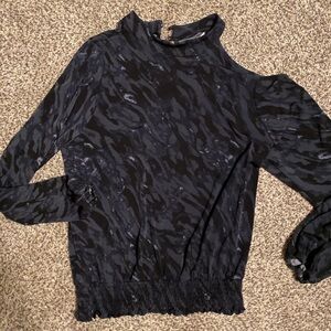 Black Patterned Long Sleeve Top with cut out shoulder.